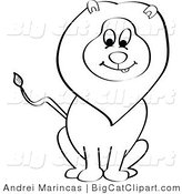 Big Cat Cartoon Vector Clipart of a Black and White Happy Sitting Lion by Andrei Marincas