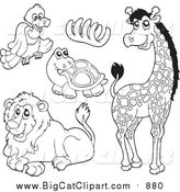 Big Cat Cartoon Vector Clipart of a Black and White Vulture, Bones, Tortoise, Lion and Giraffe by Visekart