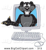 Big Cat Cartoon Vector Clipart of a Black Jaguar Mascot Character in a Computer Monitor by Mascot Junction