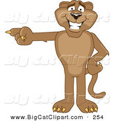 Big Cat Cartoon Vector Clipart of a Brown Cougar Mascot Character Pointing Left by Mascot Junction