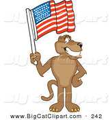 Big Cat Cartoon Vector Clipart of a Brown Cougar Mascot Character Waving an American Flag by Mascot Junction