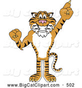 Big Cat Cartoon Vector Clipart of a Cheerful Tiger Character School Mascot Pointing up by Mascot Junction