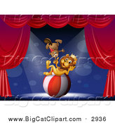 Big Cat Cartoon Vector Clipart of a Circus Lion and Beaver on Stage with a Ball by