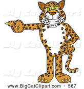Big Cat Cartoon Vector Clipart of a Cute Cheetah, Jaguar or Leopard Character School Mascot Pointing Left by Mascot Junction