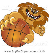 Big Cat Cartoon Vector Clipart of a Determined Lion Character Mascot Grabbing a Basketball by Mascot Junction