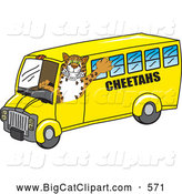 Big Cat Cartoon Vector Clipart of a Friendly Cheetah Character School Mascot Driving a Bus by Mascot Junction