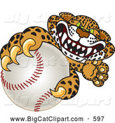 Big Cat Cartoon Vector Clipart of a Friendly Cheetah, Jaguar or Leopard Character School Mascot Grabbing a Baseball by Mascot Junction