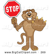 Big Cat Cartoon Vector Clipart of a Friendly Cougar Mascot Character Holding a Stop Sign by Mascot Junction
