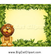 Big Cat Cartoon Vector Clipart of a Green Leaf Border and a Lion over Yellow by