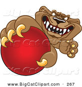 Big Cat Cartoon Vector Clipart of a Grinning Brown Cougar Mascot Character Grabbing a Ball by Mascot Junction