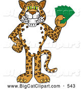 Big Cat Cartoon Vector Clipart of a Grinning Cheetah, Jaguar or Leopard Character School Mascot Holding Money by Mascot Junction