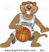 Big Cat Cartoon Vector Clipart of a Grinning Cougar Mascot Character Dribbling a Basketball by Mascot Junction