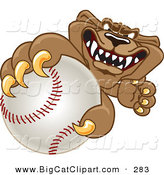 Big Cat Cartoon Vector Clipart of a Grinning Cougar Mascot Character Grabbing a Baseball by Mascot Junction