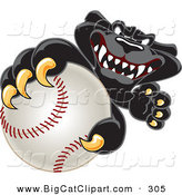 Big Cat Cartoon Vector Clipart of a Happy Black Jaguar Mascot Character Grabbing a Baseball by Mascot Junction