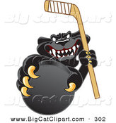 Big Cat Cartoon Vector Clipart of a Happy Black Jaguar Mascot Character Grabbing a Hockey Puck by Mascot Junction