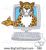 Big Cat Cartoon Vector Clipart of a Happy Cheetah, Jaguar or Leopard Character School Mascot in a Computer by Mascot Junction