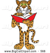 Big Cat Cartoon Vector Clipart of a Happy Cheetah, Jaguar or Leopard Character School Mascot Reading by Mascot Junction