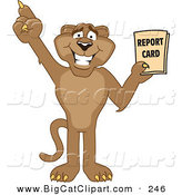Big Cat Cartoon Vector Clipart of a Happy Cougar Mascot Character Holding a Report Card by Mascot Junction