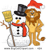 Big Cat Cartoon Vector Clipart of a Happy Gentle Lion Character Mascot with a Snowman by Mascot Junction