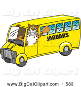 Big Cat Cartoon Vector Clipart of a Happy Jaguar Character School Mascot Driving a Bus by Mascot Junction