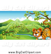 Big Cat Cartoon Vector Clipart of a Happy Tiger in a Spring Valley by
