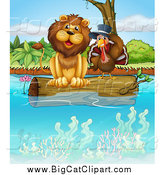Big Cat Cartoon Vector Clipart of a Lion and a Turkey Bird Resting on a Floating Log by