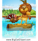 Big Cat Cartoon Vector Clipart of a Lion and a Turkey on a Floating Log by