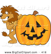 Big Cat Cartoon Vector Clipart of a Lion Character Mascot with a Jack O Lantern Pumpkin by Mascot Junction