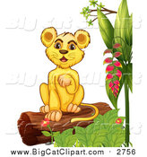 Big Cat Cartoon Vector Clipart of a Lion Cub on a Log with Plants by