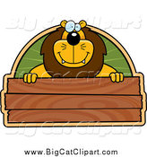 Big Cat Cartoon Vector Clipart of a Lion over a Blank Wooden Sign by Cory Thoman