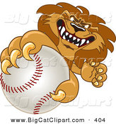 Big Cat Cartoon Vector Clipart of a Lion Sports Character Mascot Grabbing a Baseball by Mascot Junction