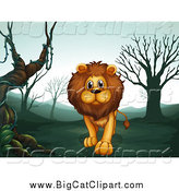 Big Cat Cartoon Vector Clipart of a Lion Walking in a Foggy Landscape by
