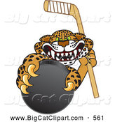 Big Cat Cartoon Vector Clipart of a Mad Cheetah, Jaguar or Leopard Character School Mascot Grabbing a Hockey Puck by Mascot Junction