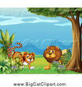 Big Cat Cartoon Vector Clipart of a Male Lion and Tiger Emerging from Foliage by