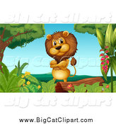 Big Cat Cartoon Vector Clipart of a Male Lion by a Log by
