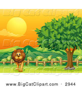 Big Cat Cartoon Vector Clipart of a Male Lion Walking by a Rail and Tree at Sunset by
