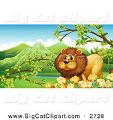 Big Cat Cartoon Vector Clipart of a Male Lion with Branches and Spring Flowers by