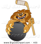 Big Cat Cartoon Vector Clipart of a Mean Lion Character Mascot Grabbing a Hockey Puck by Mascot Junction