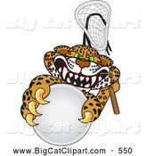 Big Cat Cartoon Vector Clipart of a Mean Looking Cheetah, Jaguar or Leopard Character School Mascot Playing Lacrosse by Mascot Junction