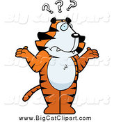Big Cat Cartoon Vector Clipart of a Shrugging Confused Tiger with Question Marks by Cory Thoman