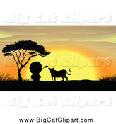 Big Cat Cartoon Vector Clipart of a Silhouetted Lion Couple by a Tree at Sunset by