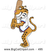 Big Cat Cartoon Vector Clipart of a Smiling Tiger Character School Mascot Batting by Mascot Junction