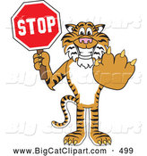 Big Cat Cartoon Vector Clipart of a Smiling Tiger Character School Mascot Holding a Stop Sign by Mascot Junction