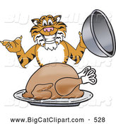 Big Cat Cartoon Vector Clipart of a Smiling Tiger Character School Mascot Serving a Thanksgiving Turkey by Mascot Junction