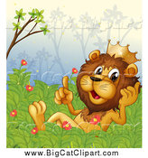 Big Cat Cartoon Vector Clipart of a Talking King Lion in a Bush by