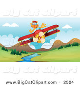 Big Cat Cartoon Vector Clipart of a Tiger Flying a Plane over a Stream by