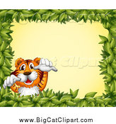 Big Cat Cartoon Vector Clipart of a Tiger Leaping in a Leaf Frame over Yellow by