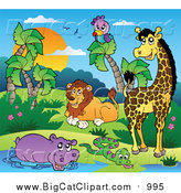 Big Cat Cartoon Vector Clipart of African Animals by a Water Hole by Visekart