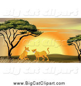 Big Cat Cartoon Vector Clipart of Cheetahs near an Acacia Tree at Sunset by