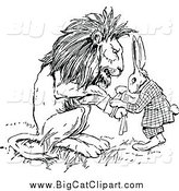 Big Cat Vector Clipart of a Black and White Rabbit Patching up a Lions Paw by Prawny Vintage